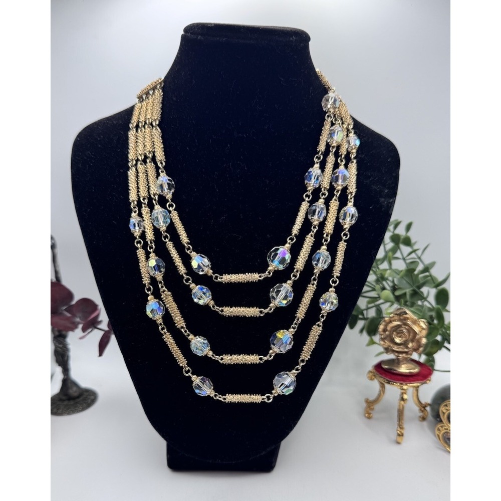 Vintage Vendome Textured Goldtone & AB Clear Crystal Multi Strand Necklace